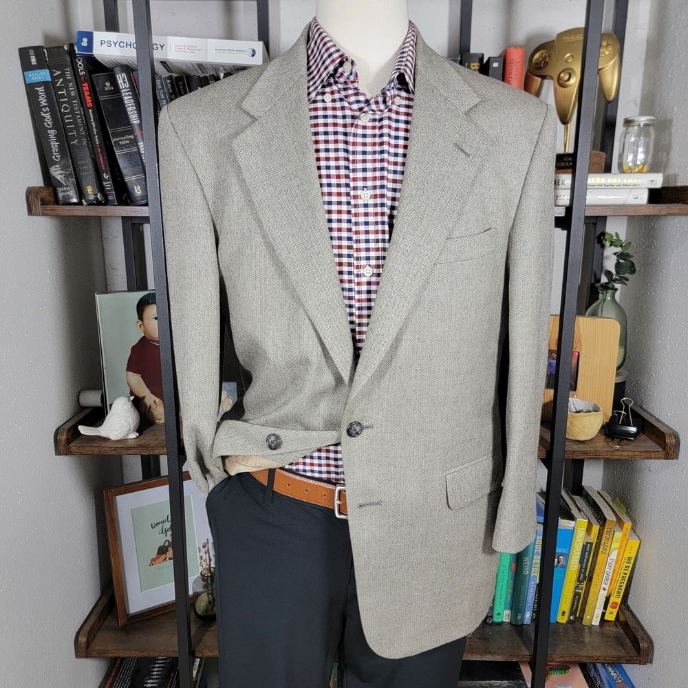 Lands End Men's Sport Coat Blazer Two Button Herringbone Beige Wool‎ Size 41R